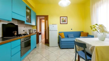 Living area in apartment with sofa