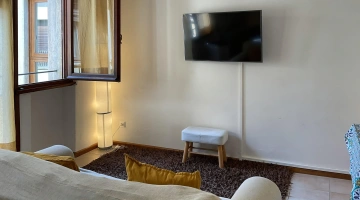 Salon avec canapé et télévision