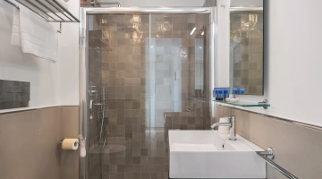 Salle de bains avec douche et articles de toilette gratuits