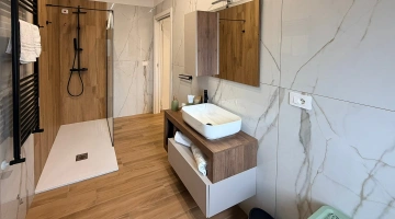 Salle de bains avec cabine de douche et lot de serviettes