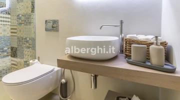 Salle de bain de la chambre quadruple Deluxe : cabine de douche, sèche-cheveux